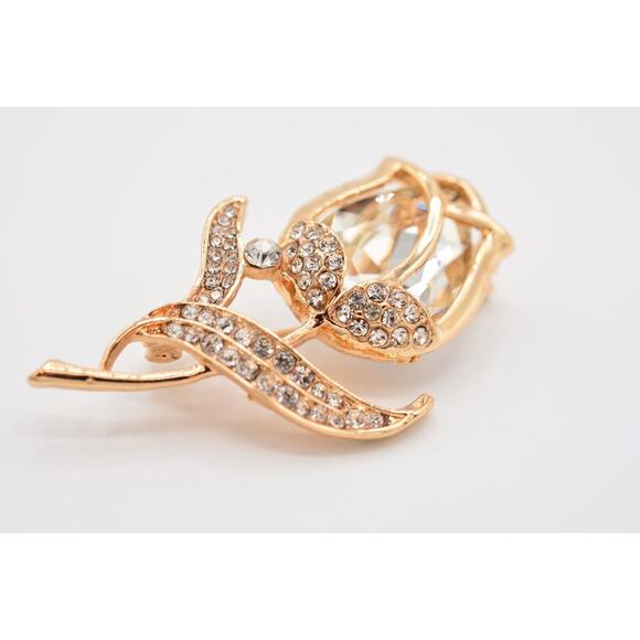 Statement Crystal Rose Pin Brooch Sparkling Rhinestone Gold Tone BinAQ - Picture 5 of 12